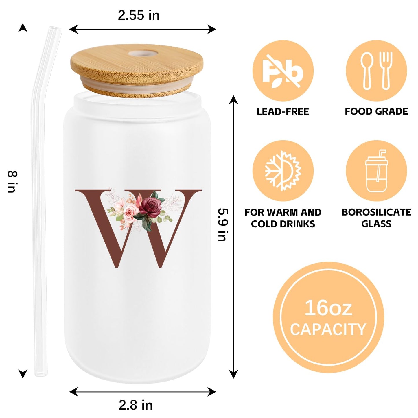 Birthday Gifts for Women, Personalized Gifts for Women, Monogrammed Initial Glass Cup - 16oz Glass Cups with Lids and Straws, Iced Coffee Cup, Beer Can Shaped Glass - Personalized Christmas Gifts Q