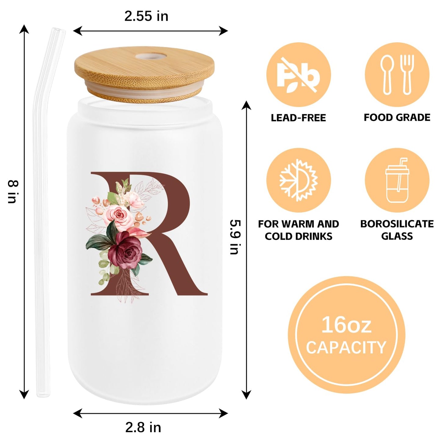 Birthday Gifts for Women, Personalized Gifts for Women, Monogrammed Initial Glass Cup - 16oz Glass Cups with Lids and Straws, Iced Coffee Cup, Beer Can Shaped Glass - Personalized Christmas Gifts Q