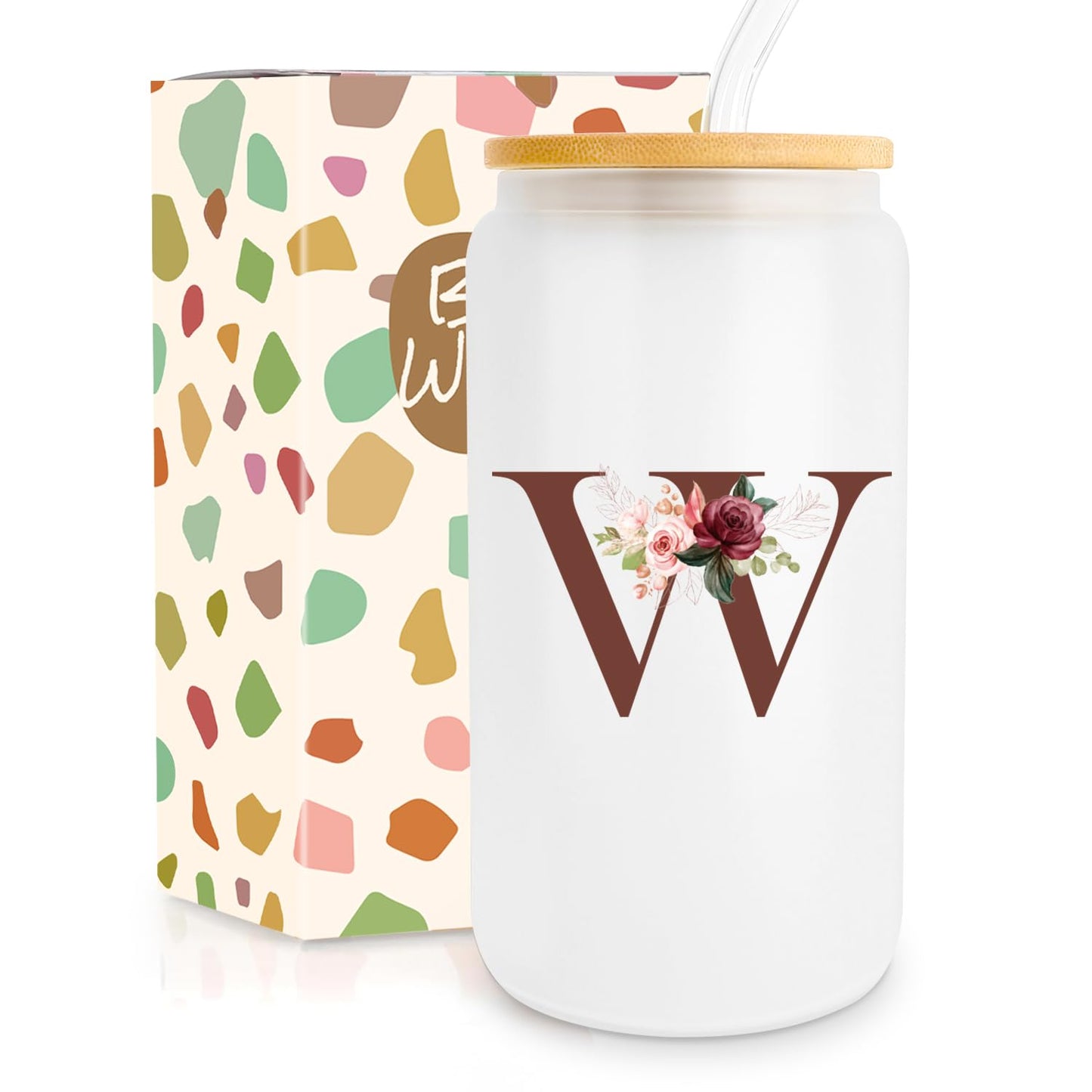 Birthday Gifts for Women, Personalized Gifts for Women, Monogrammed Initial Glass Cup - 16oz Glass Cups with Lids and Straws, Iced Coffee Cup, Beer Can Shaped Glass - Personalized Christmas Gifts Q