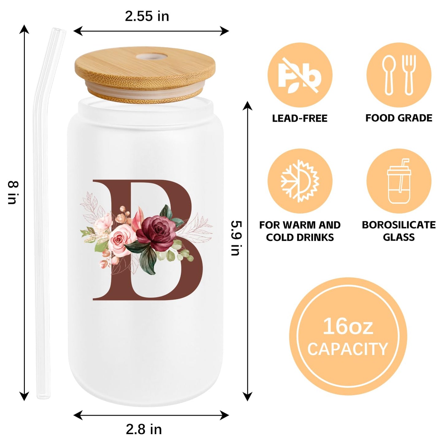 Birthday Gifts for Women, Personalized Gifts for Women, Monogrammed Initial Glass Cup - 16oz Glass Cups with Lids and Straws, Iced Coffee Cup, Beer Can Shaped Glass - Personalized Christmas Gifts Q