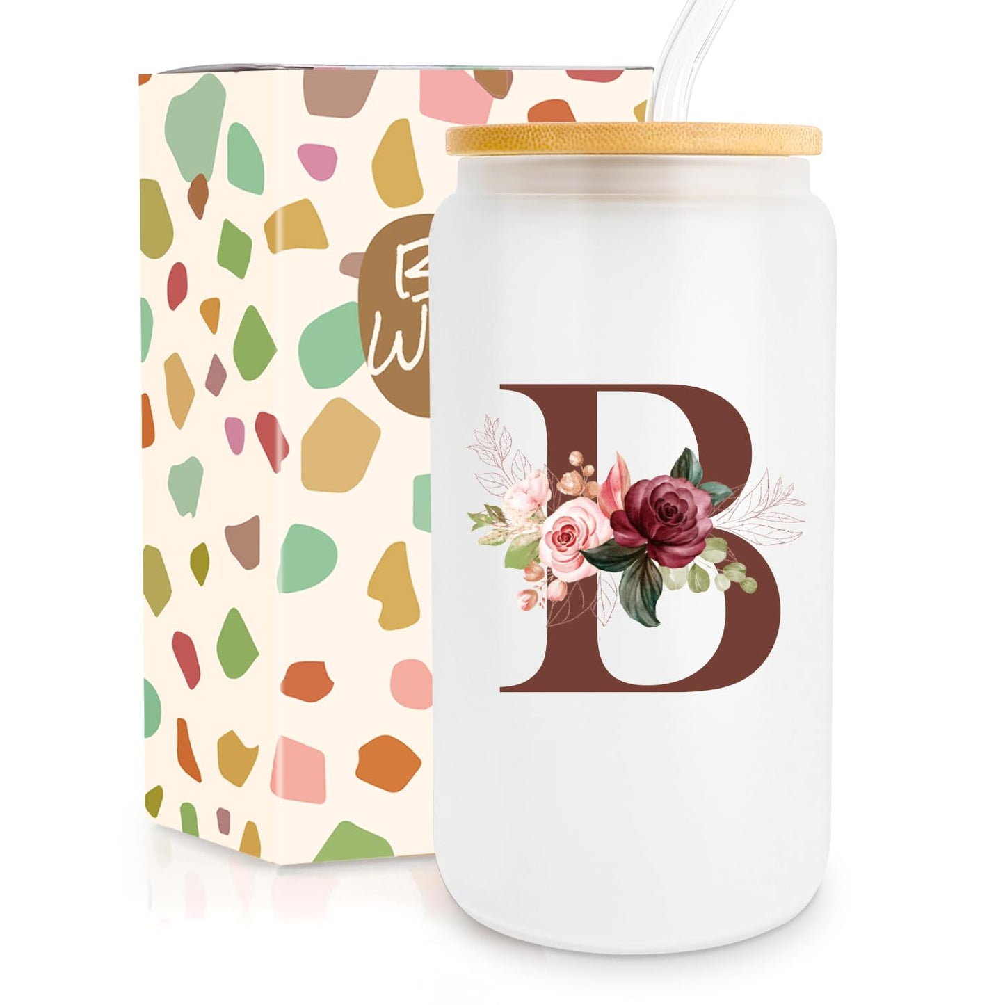 Birthday Gifts for Women, Personalized Gifts for Women, Monogrammed Initial Glass Cup - 16oz Glass Cups with Lids and Straws, Iced Coffee Cup, Beer Can Shaped Glass - Personalized Christmas Gifts Q