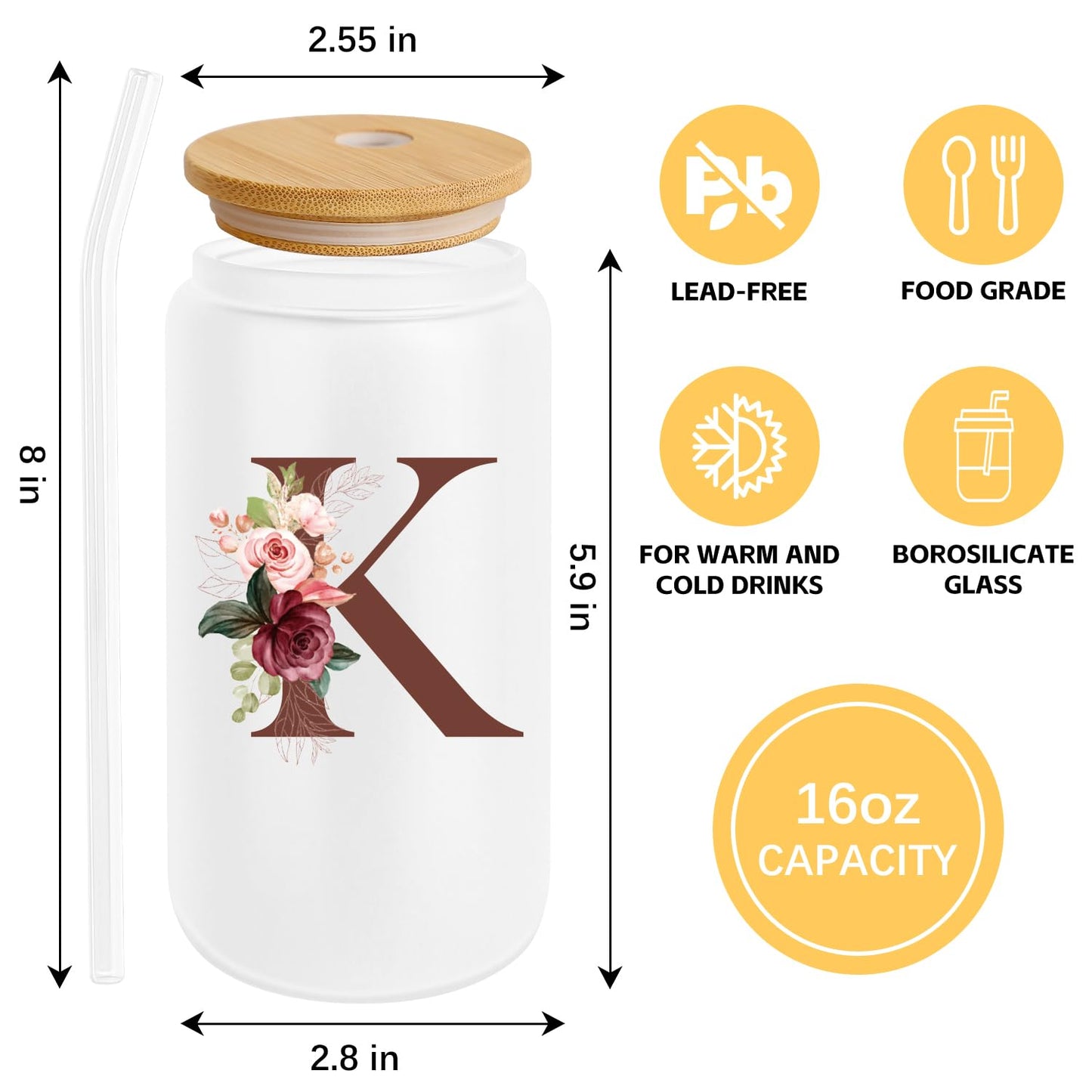 Birthday Gifts for Women, Personalized Gifts for Women, Monogrammed Initial Glass Cup - 16oz Glass Cups with Lids and Straws, Iced Coffee Cup, Beer Can Shaped Glass - Personalized Christmas Gifts Q