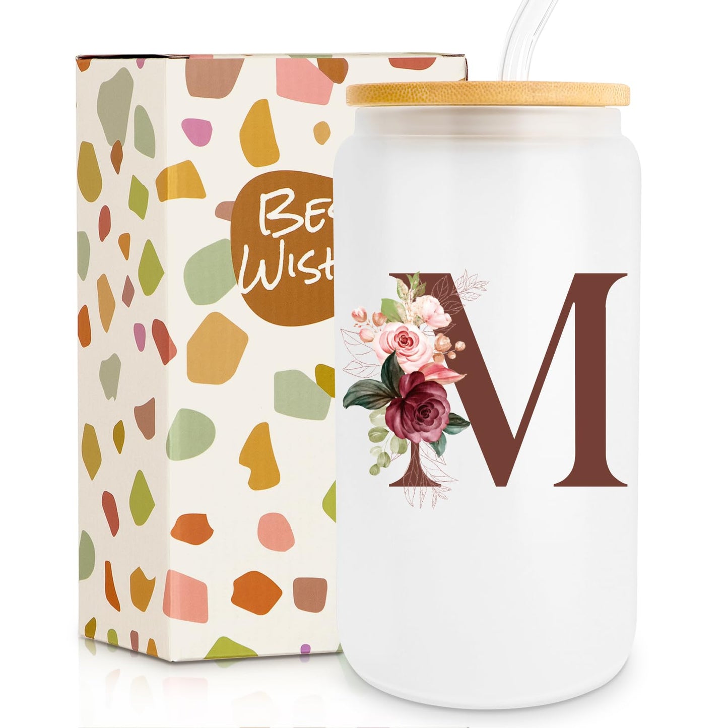 Birthday Gifts for Women, Personalized Gifts for Women, Monogrammed Initial Glass Cup - 16oz Glass Cups with Lids and Straws, Iced Coffee Cup, Beer Can Shaped Glass - Personalized Christmas Gifts Q