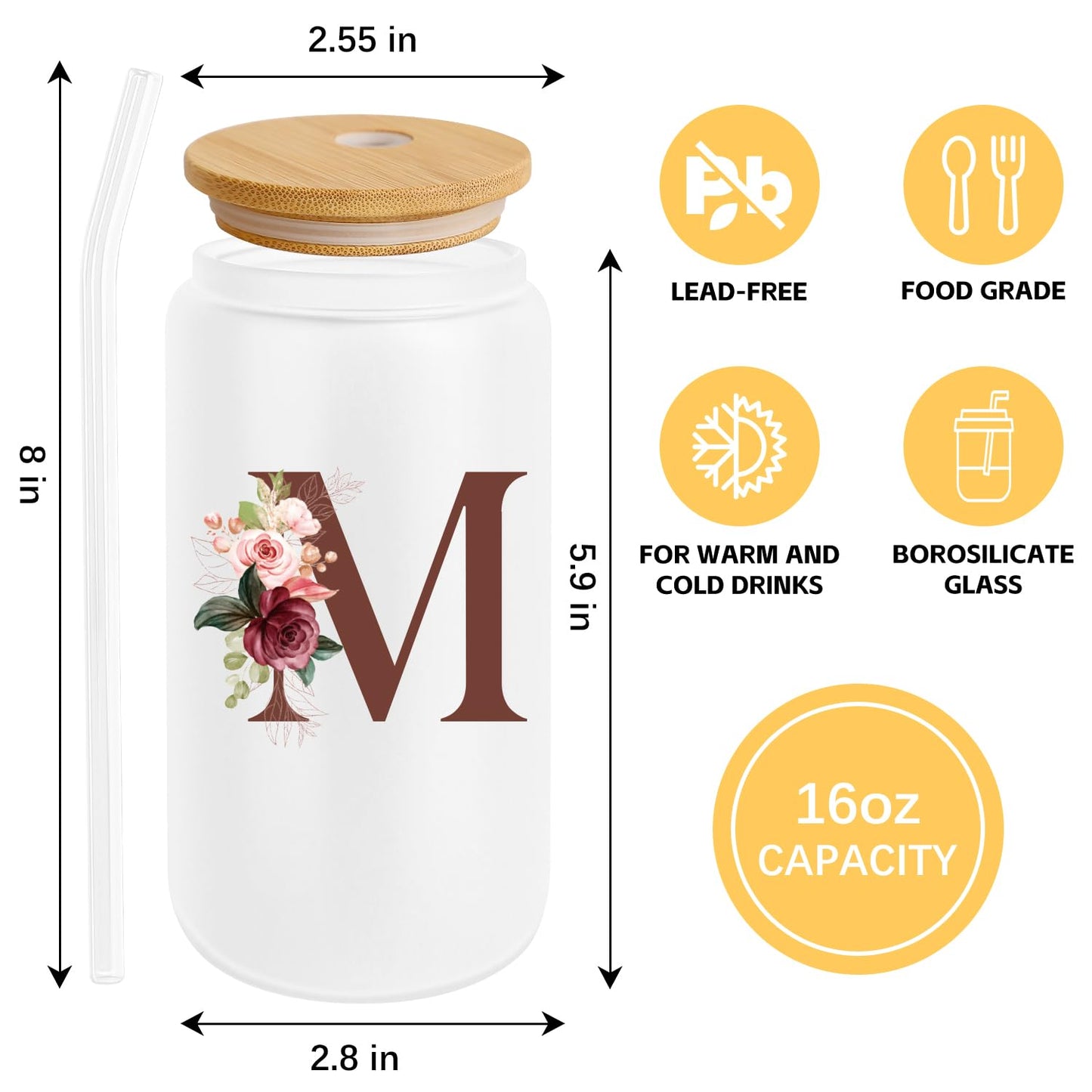 Birthday Gifts for Women, Personalized Gifts for Women, Monogrammed Initial Glass Cup - 16oz Glass Cups with Lids and Straws, Iced Coffee Cup, Beer Can Shaped Glass - Personalized Christmas Gifts Q