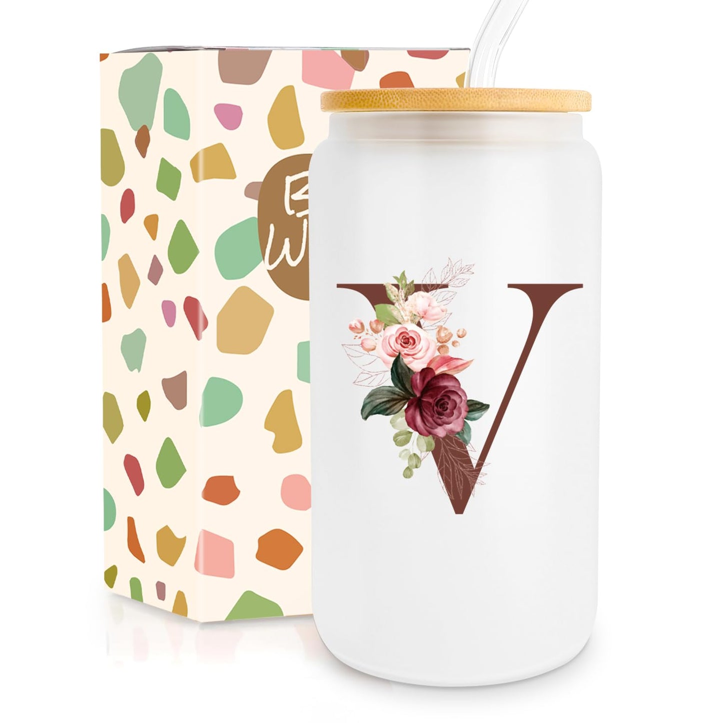 Birthday Gifts for Women, Personalized Gifts for Women, Monogrammed Initial Glass Cup - 16oz Glass Cups with Lids and Straws, Iced Coffee Cup, Beer Can Shaped Glass - Personalized Christmas Gifts Q