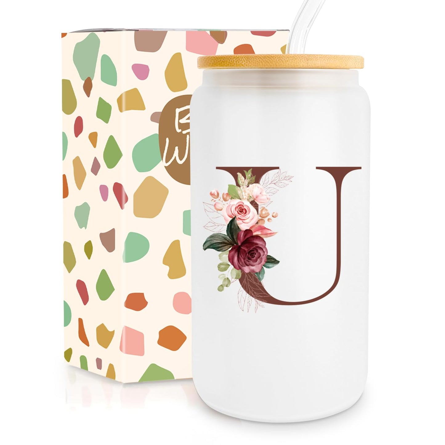 Birthday Gifts for Women, Personalized Gifts for Women, Monogrammed Initial Glass Cup - 16oz Glass Cups with Lids and Straws, Iced Coffee Cup, Beer Can Shaped Glass - Personalized Christmas Gifts Q