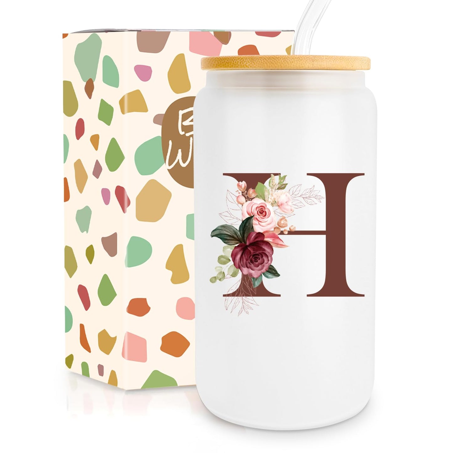 Birthday Gifts for Women, Personalized Gifts for Women, Monogrammed Initial Glass Cup - 16oz Glass Cups with Lids and Straws, Iced Coffee Cup, Beer Can Shaped Glass - Personalized Christmas Gifts Q