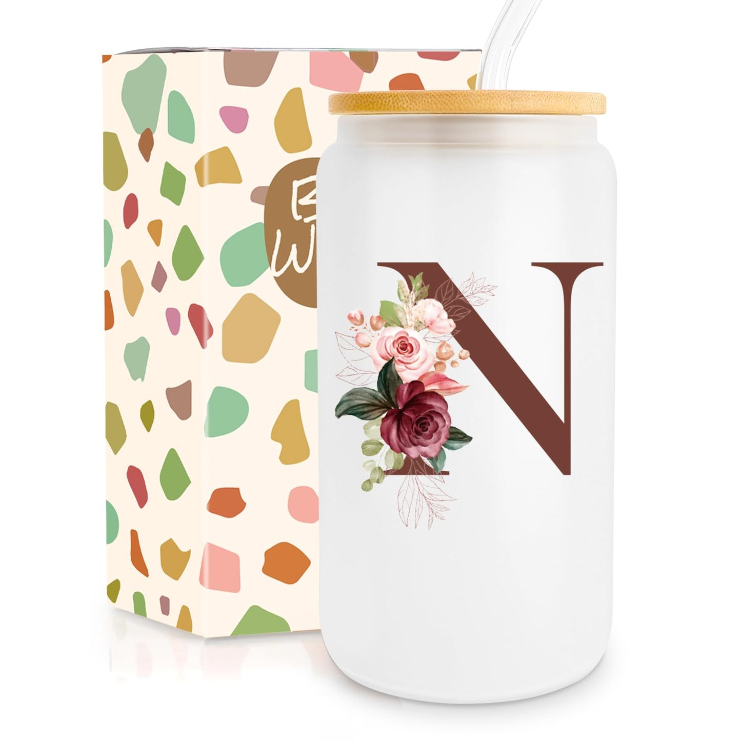 Birthday Gifts for Women, Personalized Gifts for Women, Monogrammed Initial Glass Cup - 16oz Glass Cups with Lids and Straws, Iced Coffee Cup, Beer Can Shaped Glass - Personalized Christmas Gifts Q