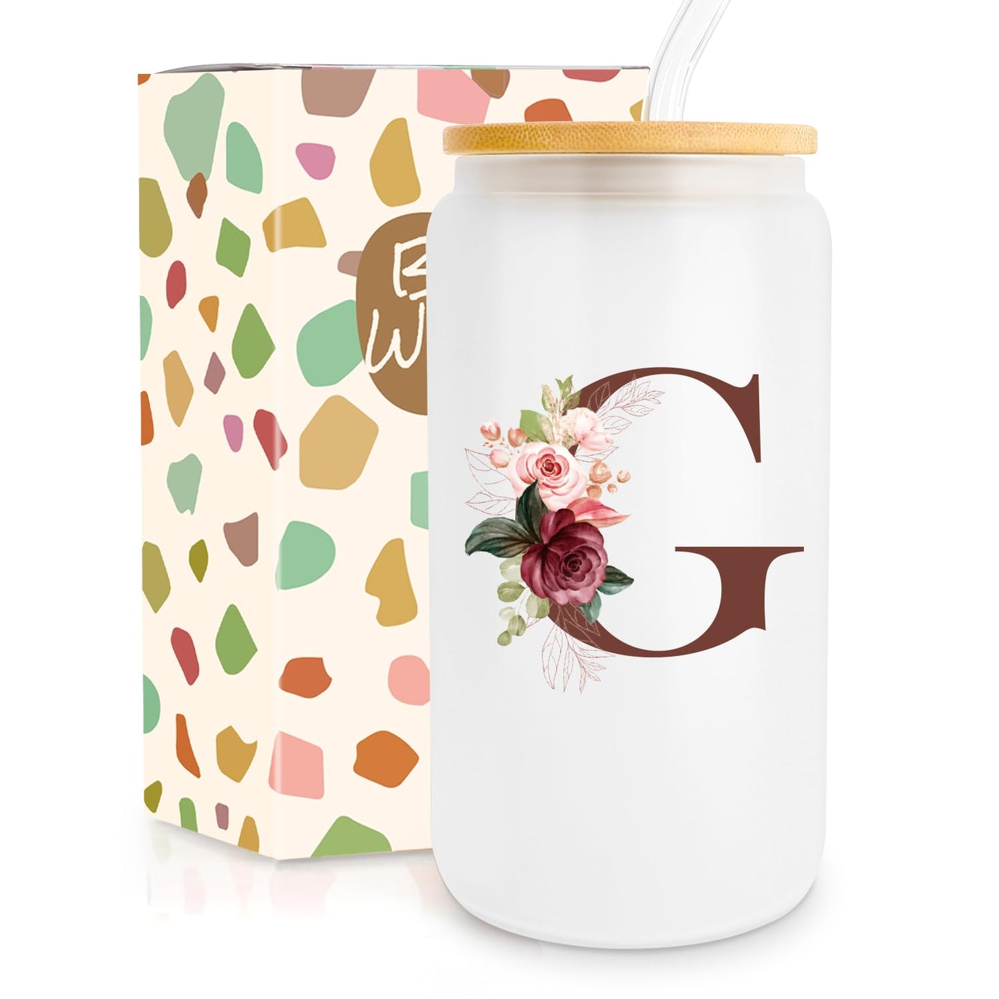 Birthday Gifts for Women, Personalized Gifts for Women, Monogrammed Initial Glass Cup - 16oz Glass Cups with Lids and Straws, Iced Coffee Cup, Beer Can Shaped Glass - Personalized Christmas Gifts Q