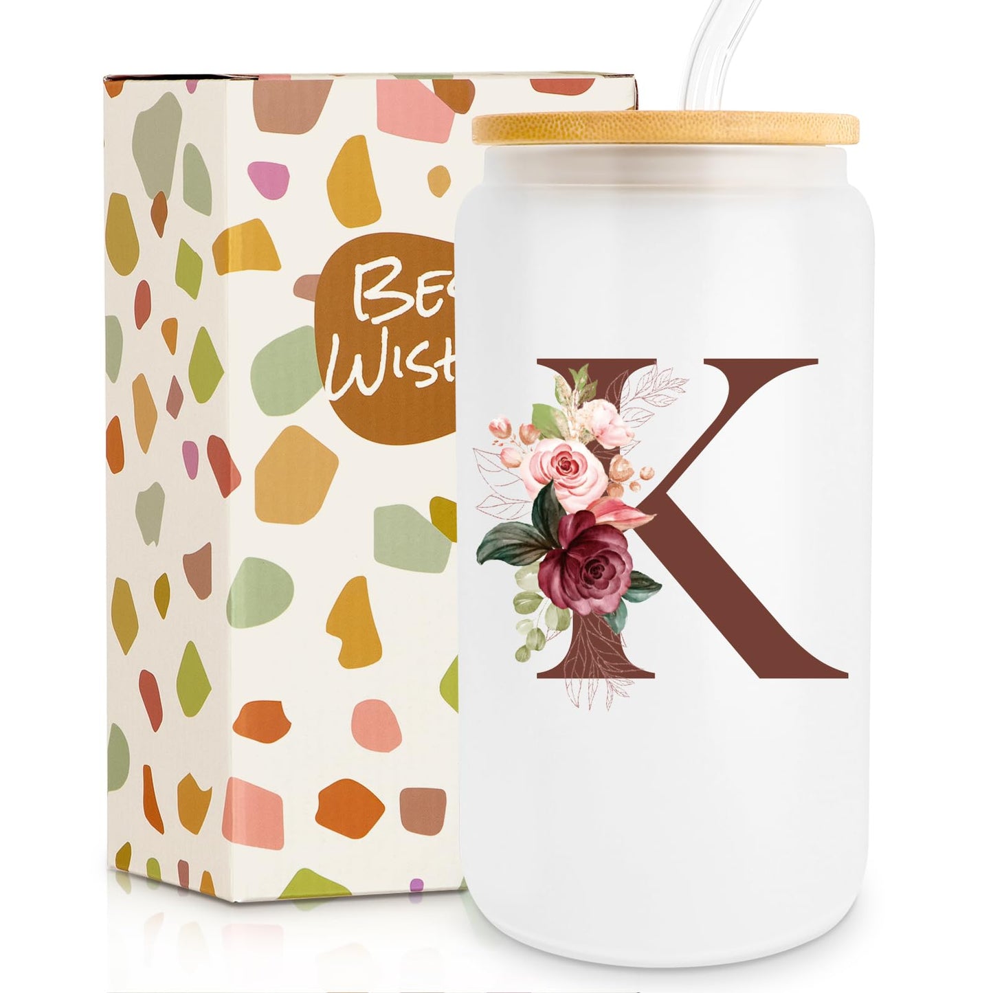 Birthday Gifts for Women, Personalized Gifts for Women, Monogrammed Initial Glass Cup - 16oz Glass Cups with Lids and Straws, Iced Coffee Cup, Beer Can Shaped Glass - Personalized Christmas Gifts Q