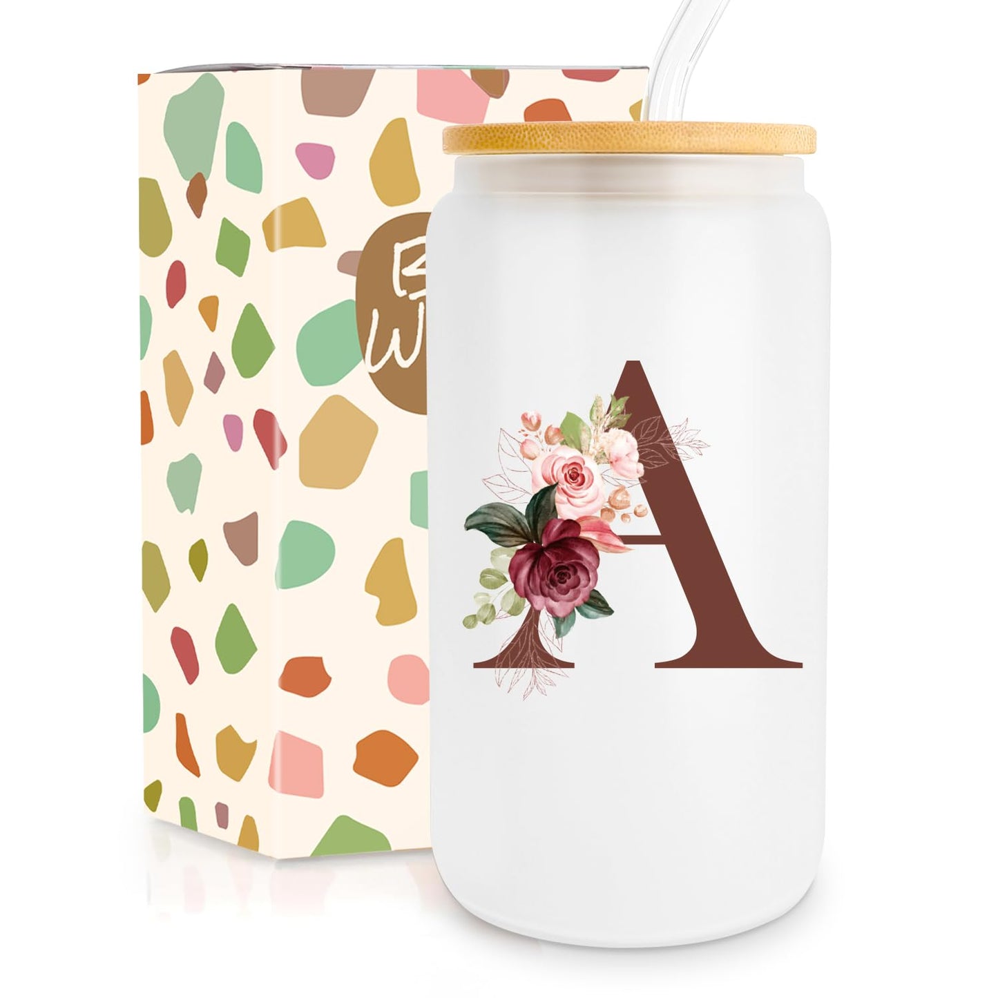 Birthday Gifts for Women, Personalized Gifts for Women, Monogrammed Initial Glass Cup - 16oz Glass Cups with Lids and Straws, Iced Coffee Cup, Beer Can Shaped Glass - Personalized Christmas Gifts Q