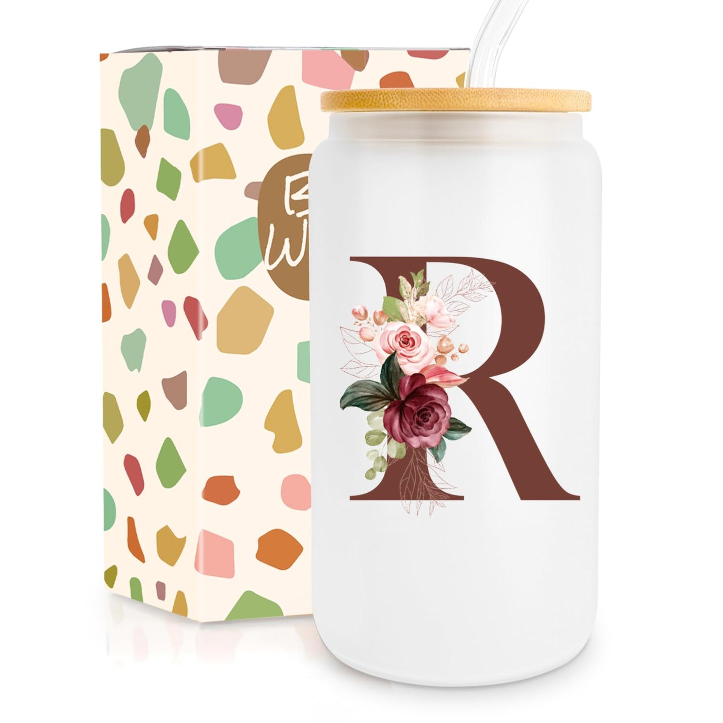 Birthday Gifts for Women, Personalized Gifts for Women, Monogrammed Initial Glass Cup - 16oz Glass Cups with Lids and Straws, Iced Coffee Cup, Beer Can Shaped Glass - Personalized Christmas Gifts Q