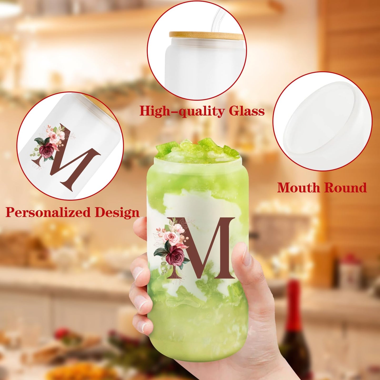 Birthday Gifts for Women, Personalized Gifts for Women, Monogrammed Initial Glass Cup - 16oz Glass Cups with Lids and Straws, Iced Coffee Cup, Beer Can Shaped Glass - Personalized Christmas Gifts Q