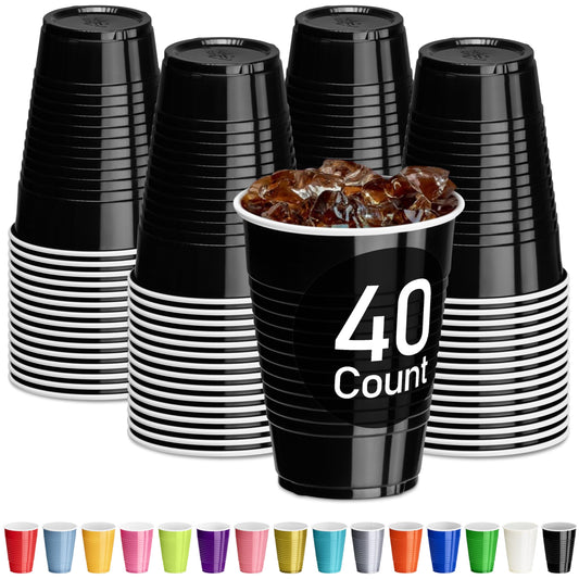 DecorRack Black Plastic Cups, 12 oz Disposable Cups, Reusable Party Supplies (40 Count)