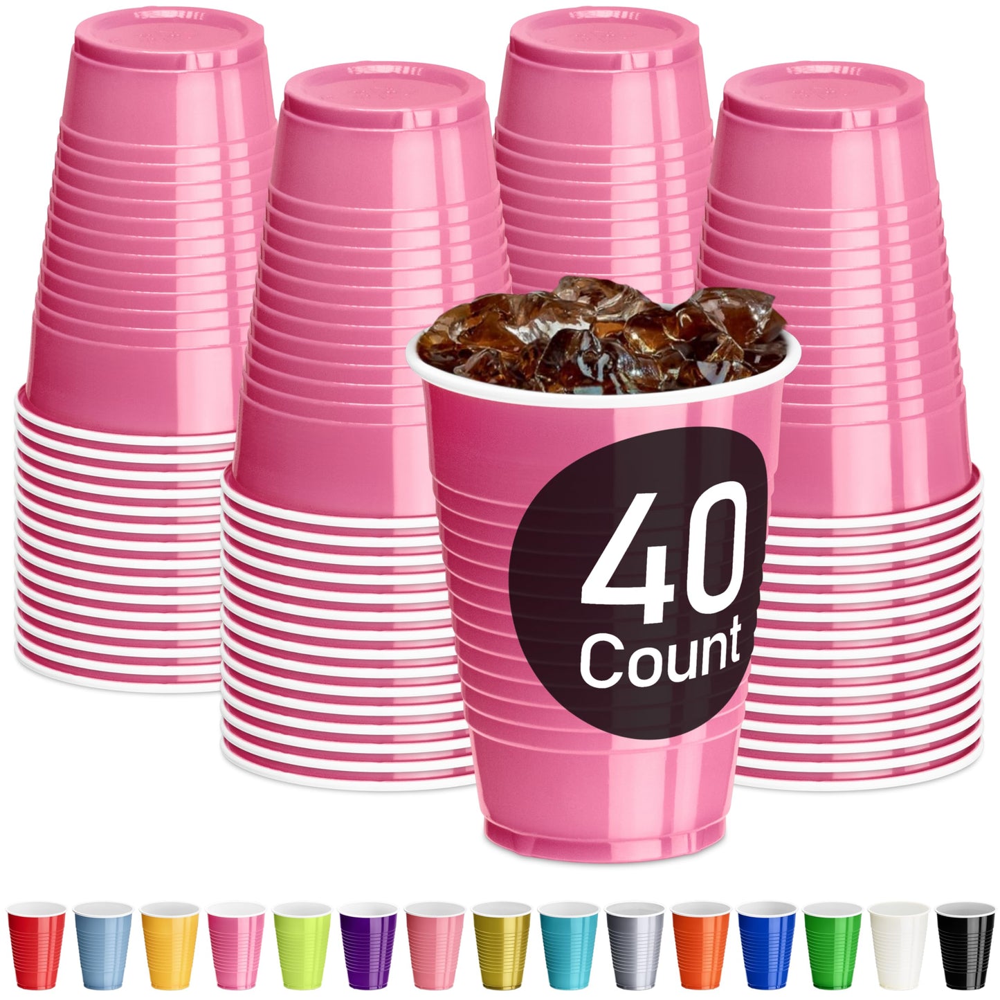 DecorRack Black Plastic Cups, 12 oz Disposable Cups, Reusable Party Supplies (40 Count)